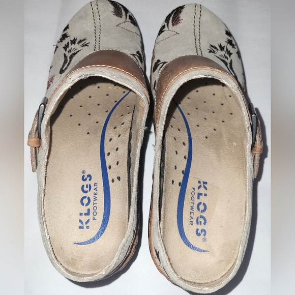 Klogs Austin Brown Tan Floral Clogs Mules Size 7W Non Slip Leather Upper - Picture 5 of 10